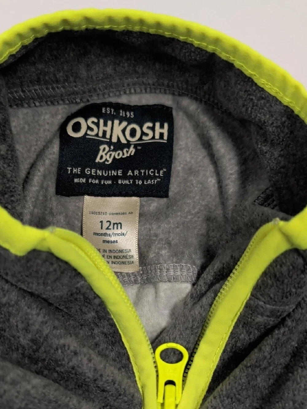 OshKosh B'gosh Charcoal & Light Gray Quarter-Zip with Neon Yellow Trim 12 Mos